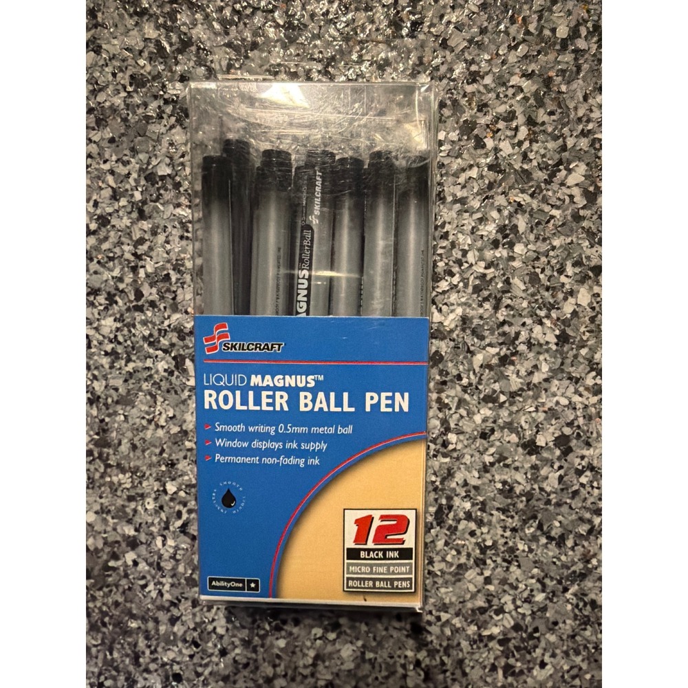 Skilcraft Liquid Magnus Roller Ball Pens 0.5mm Micro Fine Black Ink 12 Count